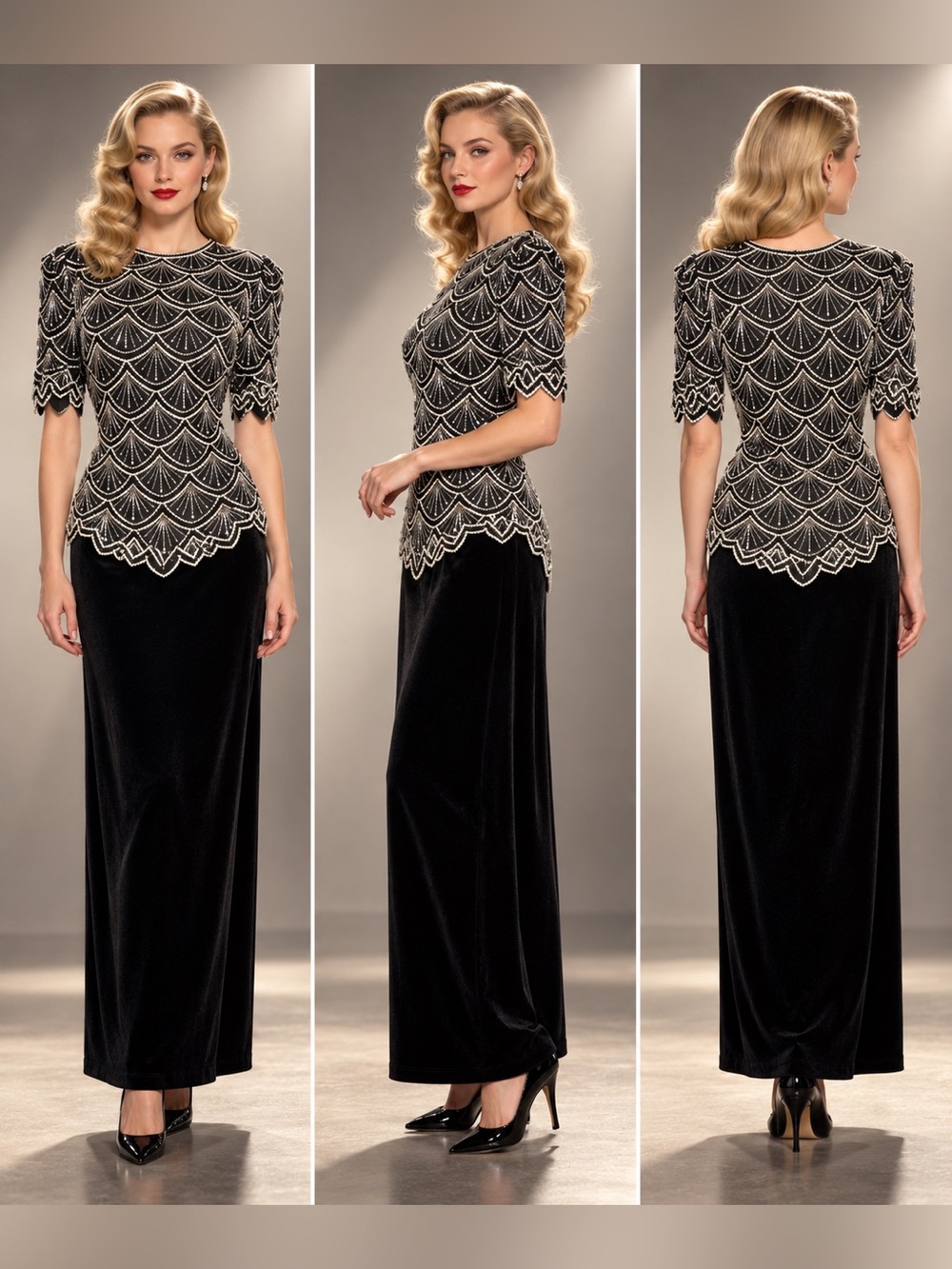 Laurence Kazar Beaded Silk Top & Impression Black Maxi Skirt Two-Piece Outfit XL
